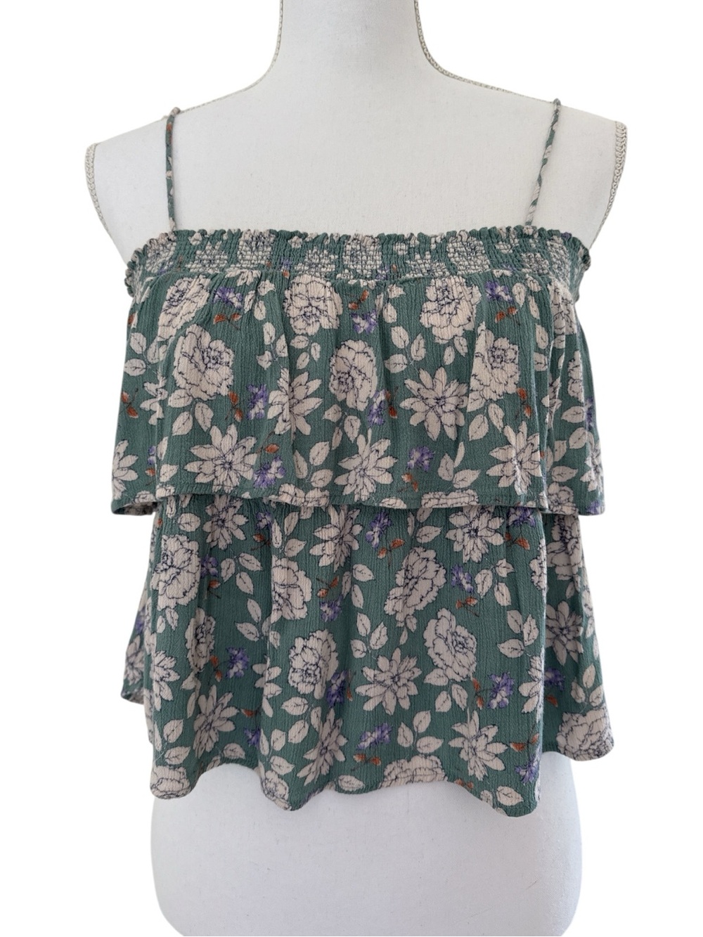 Lush Green Floral Smocked Ruffle Cami
